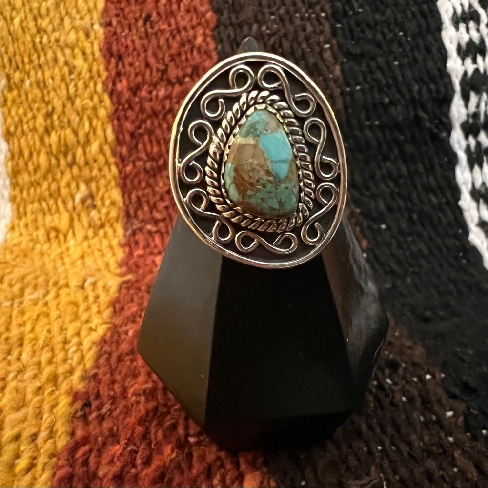 ❤️ Royston Turquoise 925 Sterling Decorative Statement Navajo Style ADJ Ring